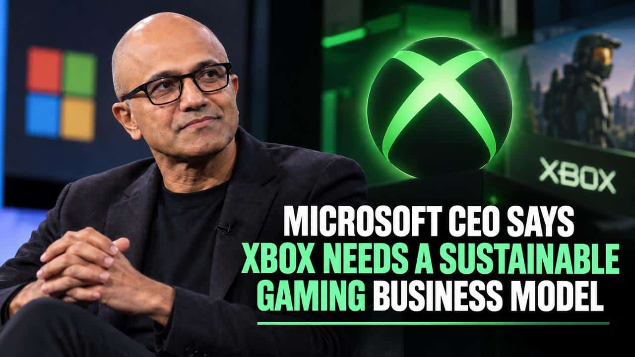 Satya Nadella beside an XBOX logo with text about a sustainable gaming business model.