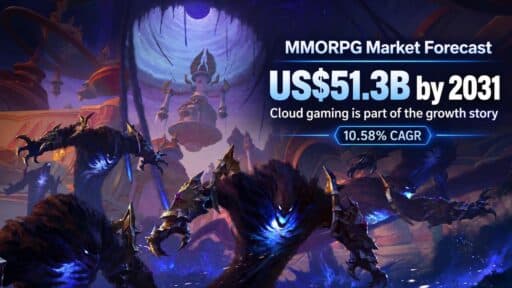 Fantasy MMORPG artwork with overlay text showing a US$51.3 billion market forecast by 2031 and 10.58% CAGR.
