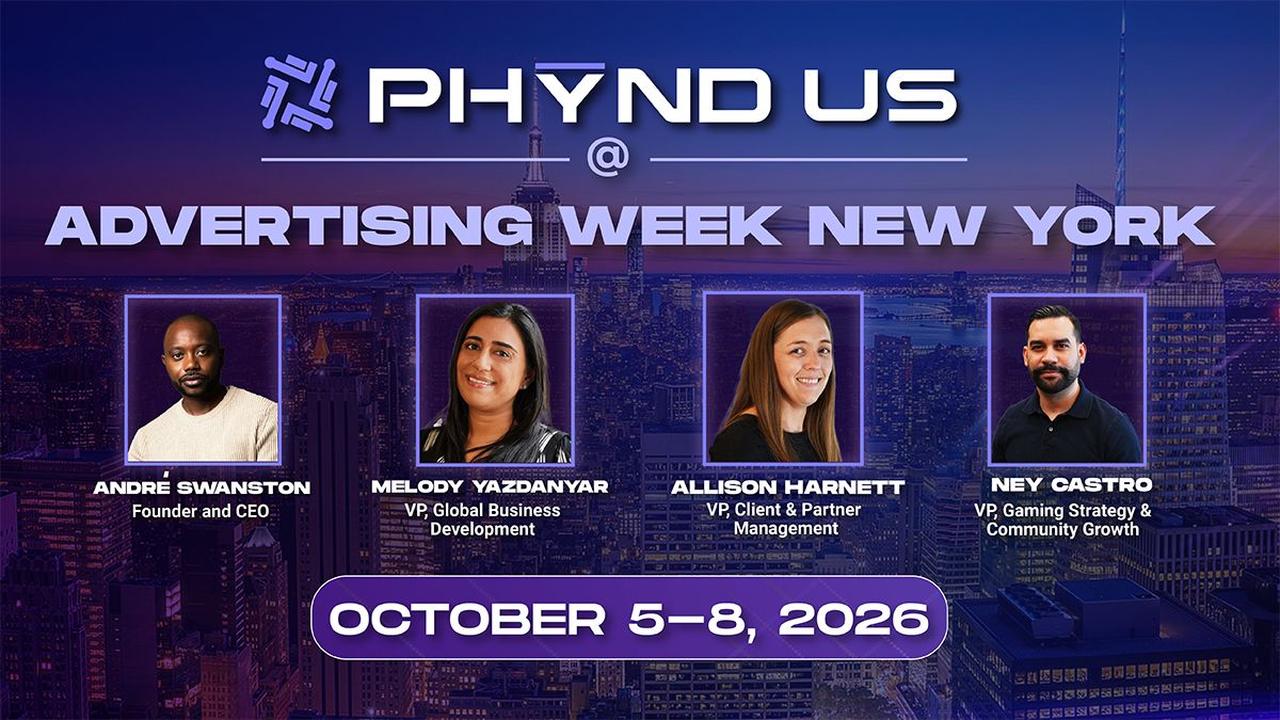 PHYND Advertising Week New York 2026 graphic featuring André Swanston, Melody Yazdanyar, Allison Hartnett, and Ney Castro.