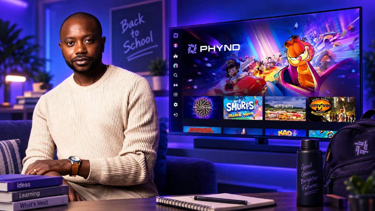 PHYND founder André Swanston beside a PHYND Smart TV interface with back-to-school gaming elements