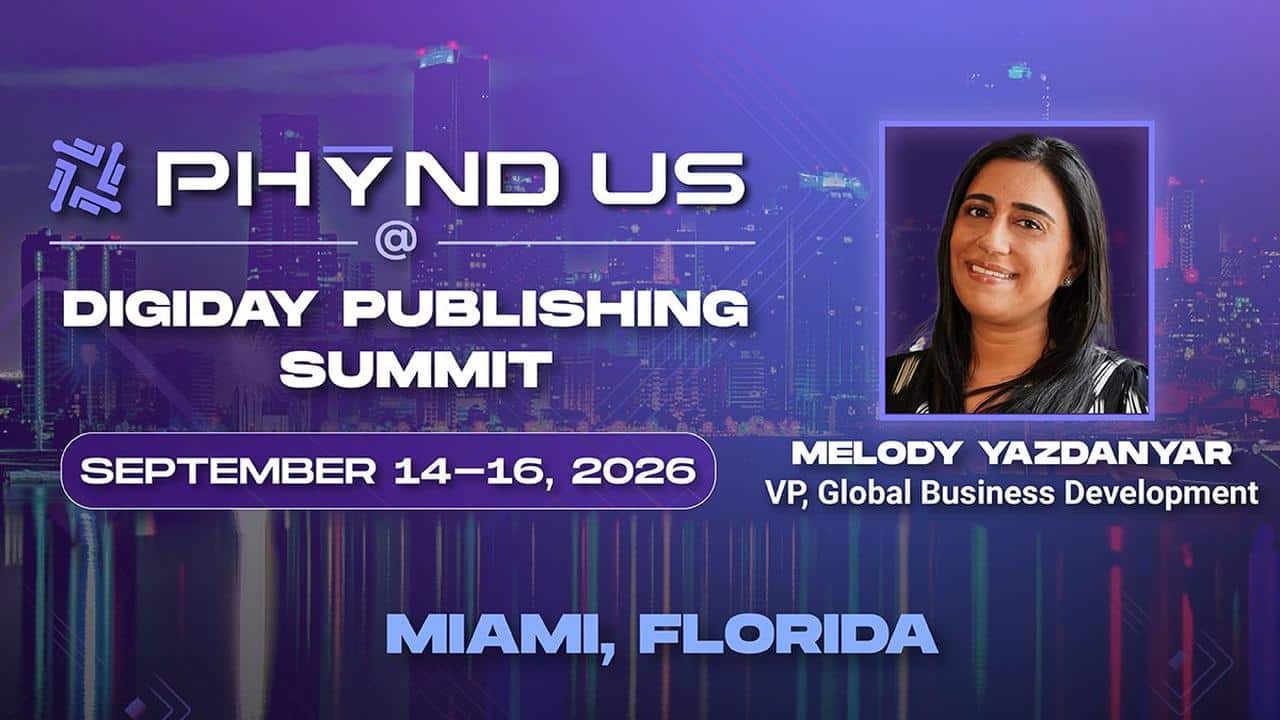 PHYND promotional graphic for the Digiday Publishing Summit in Miami, Florida, from September 14–16, 2026