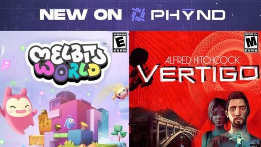 PHYND promotional graphic featuring Melbits World and Alfred Hitchcock - Vertigo.