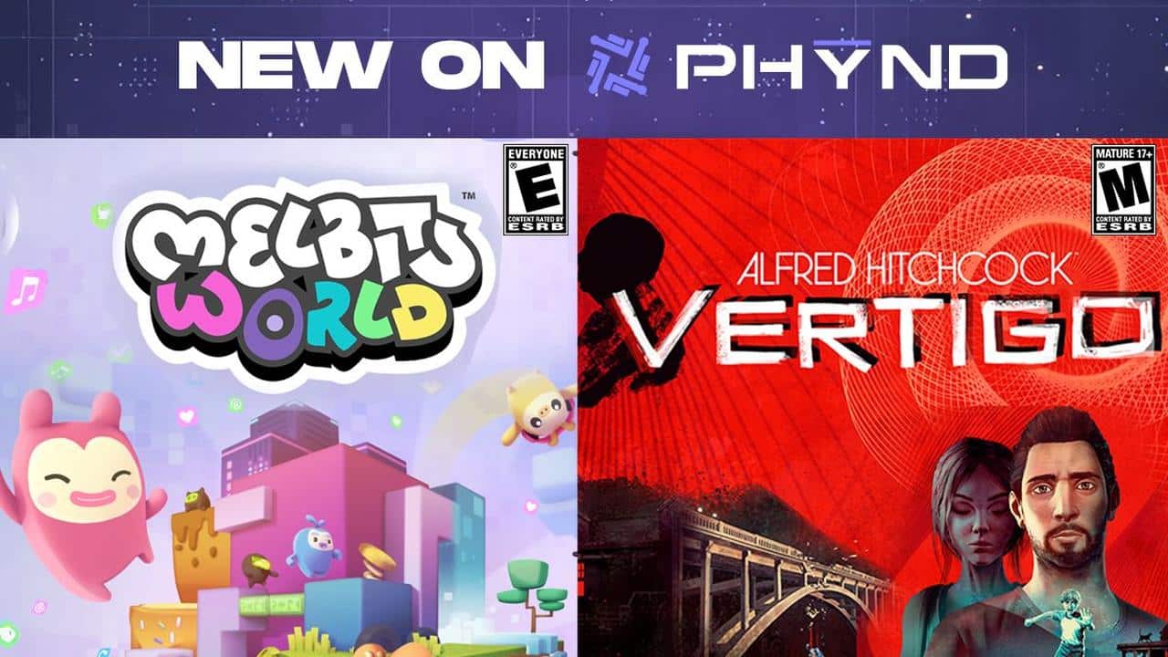 PHYND promotional graphic featuring Melbits World and Alfred Hitchcock - Vertigo.