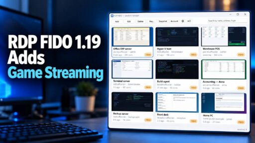 RDP FIDO session manager screenshot beside text reading “RDP FIDO 1.19 Adds Game Streaming”.