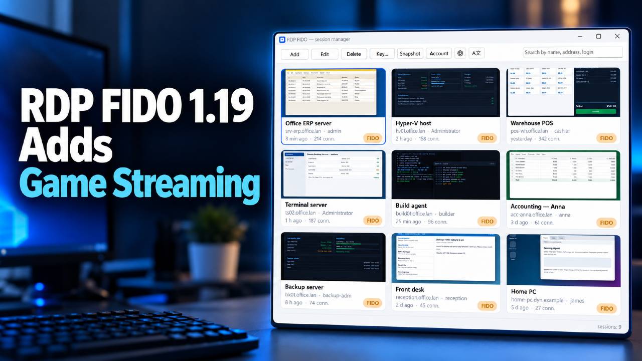RDP FIDO session manager screenshot beside text reading “RDP FIDO 1.19 Adds Game Streaming”.