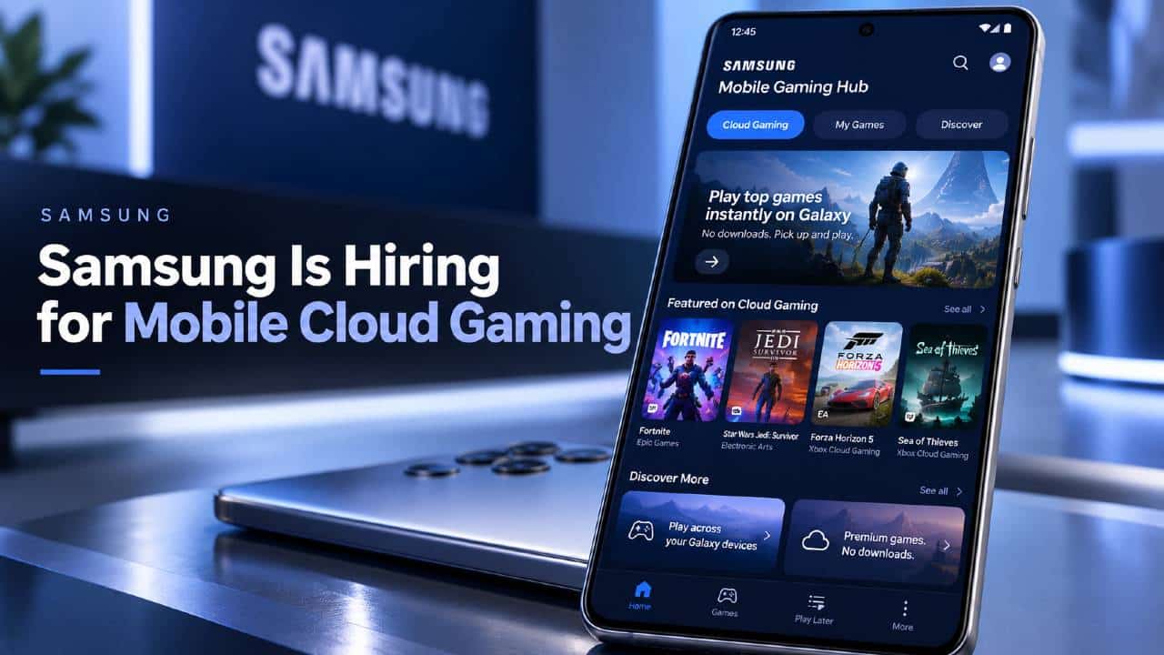 Samsung Galaxy phone displaying a Mobile Gaming Hub interface beside text reading “Samsung Is Hiring for Mobile Cloud Gaming.”