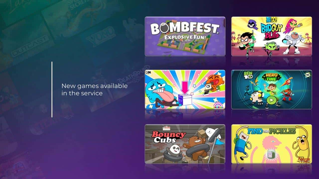 Sora Stream Cloud Gaming graphic showing BOMBFEST, Teen Titans Go, Gumball, Ben 10, We Bare Bears, and Adventure Time games.