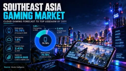 Stylized Southeast Asia gaming market graphic showing mobile gaming, cloud gaming growth, 5G towers, and a smartphone