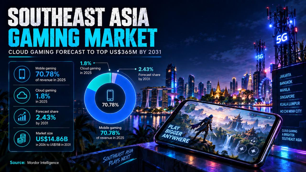 Stylized Southeast Asia gaming market graphic showing mobile gaming, cloud gaming growth, 5G towers, and a smartphone