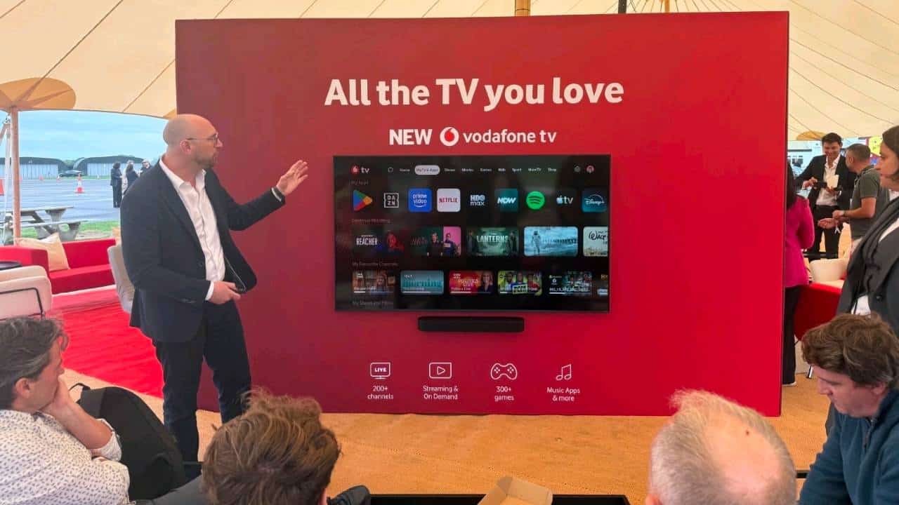 Vodafone TV presentation showing the new service interface and a 300-plus games cloud gaming feature