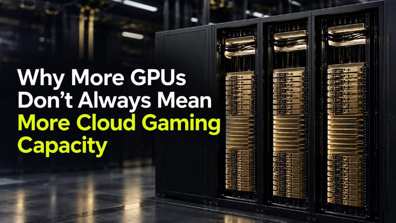 Server racks with text reading “Why More GPUs Don’t Always Mean More Cloud Gaming Capacity”.