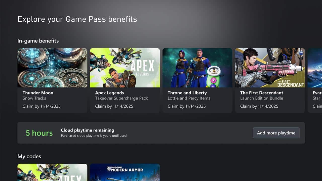 XBOX Game Pass screen showing 5 hours of cloud playtime remaining and an Add more playtime button