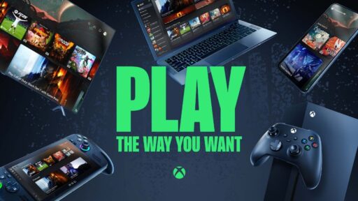 XBOX Cloud Gaming shown across a TV, laptop, phone, handheld PC, and XBOX controller