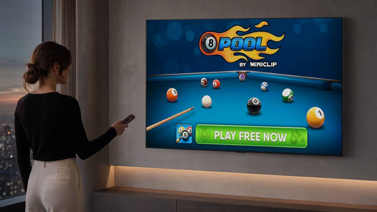 8 Ball Pool displayed on an LG Smart TV while a person uses an LG Magic Remote.