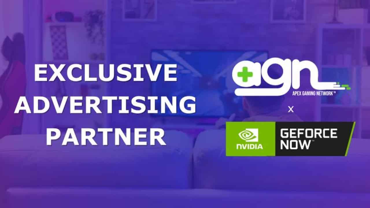 AGN and NVIDIA GeForce NOW logos on a promotional graphic announcing AGN as GeForce NOW's exclusive advertising partner.