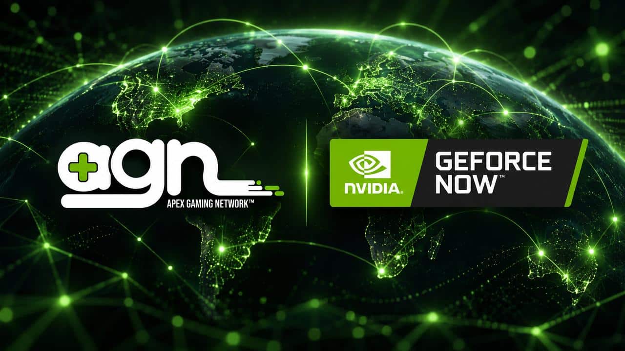 AGN and NVIDIA GeForce NOW logos shown over a connected world map representing global gaming advertising growth.