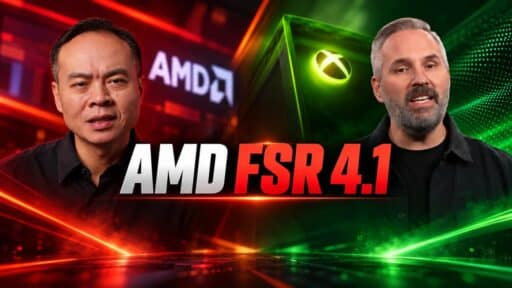 Jack Huynh and Scott Van Vliet beside AMD FSR 4.1 text with AMD and XBOX branding in the background.