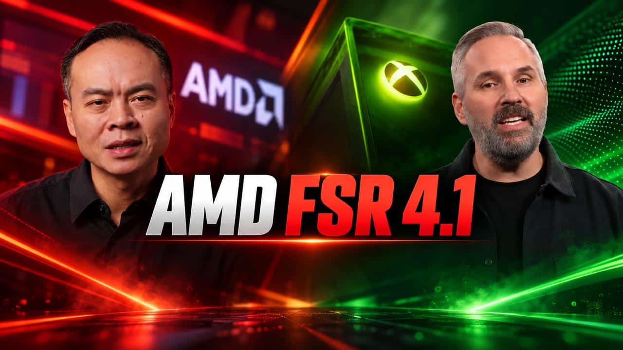 Jack Huynh and Scott Van Vliet beside AMD FSR 4.1 text with AMD and XBOX branding in the background.