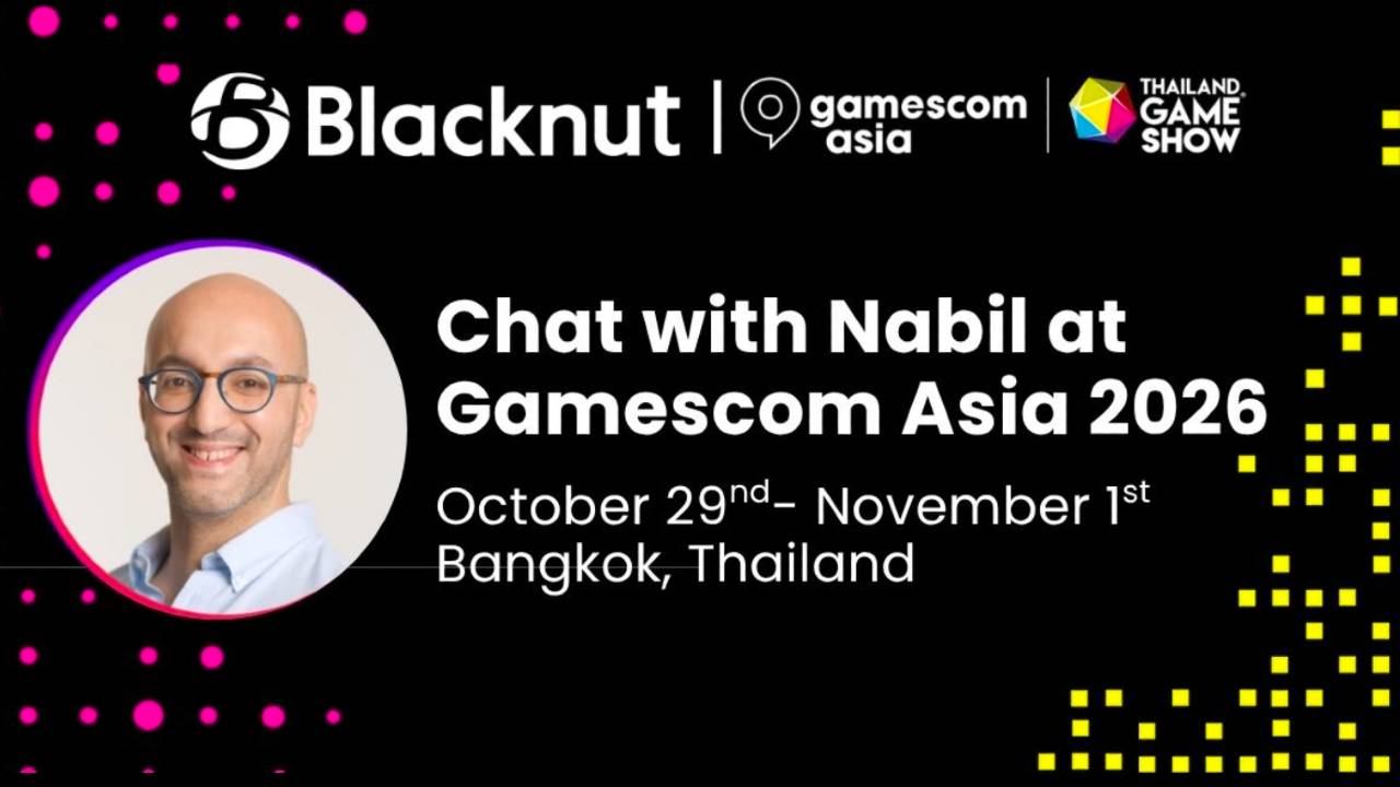Blacknut Gamescom Asia x Thailand Game Show 2026 graphic promoting meetings with Nabil Laredj in Bangkok from October 29 to November 1.