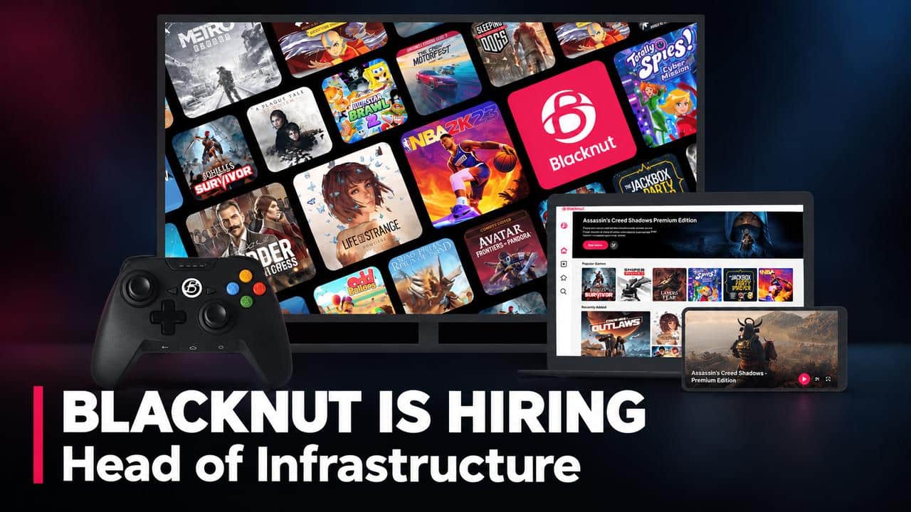 Blacknut cloud gaming displayed across a TV, laptop, and mobile device, with a controller and text announcing a Head of Infrastructure position.