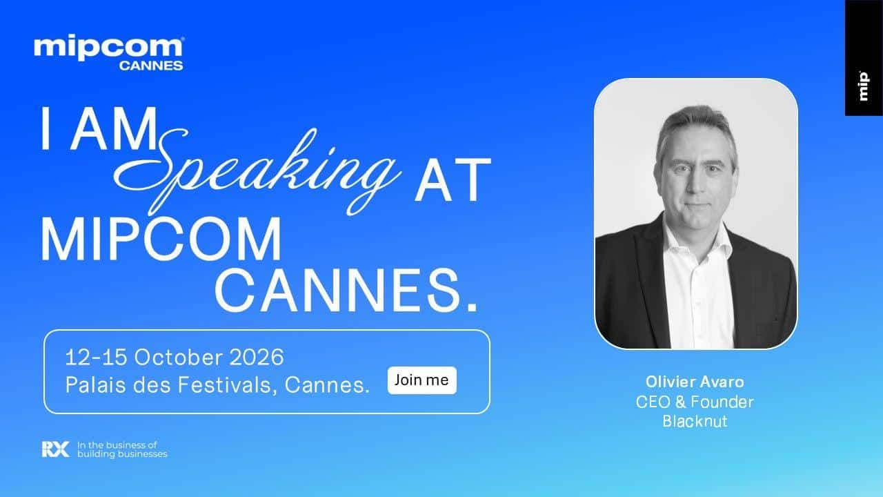 MIPCOM Cannes 2026 promotional graphic featuring Blacknut CEO Olivier Avaro and the October 12–15 event dates.