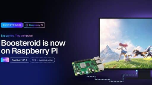 Boosteroid promotional graphic showing Raspberry Pi 4 cloud gaming support, with Raspberry Pi 5 support coming soon.