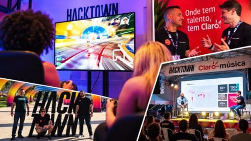 Collage showing a cloud gaming demonstration, Claro branding, and HackTown 2026 event activities in Brazil.