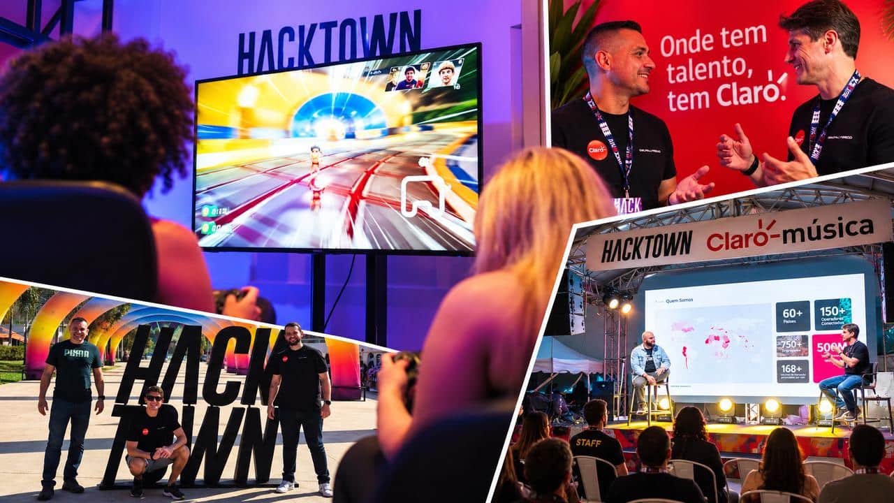 Collage showing a cloud gaming demonstration, Claro branding, and HackTown 2026 event activities in Brazil.