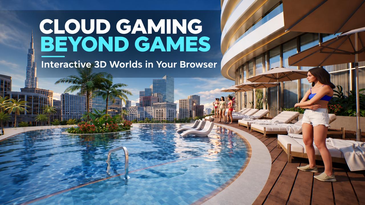 Digital rooftop pool environment with a Dubai skyline and text reading Cloud Gaming Beyond Games, highlighting interactive 3D worlds in web browsers.