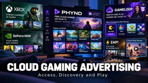 Collage showing XBOX, GeForce NOW, PHYND, GAMELOOP, ZAP!, and instant play demos representing cloud gaming advertising, access, discovery, and play.
