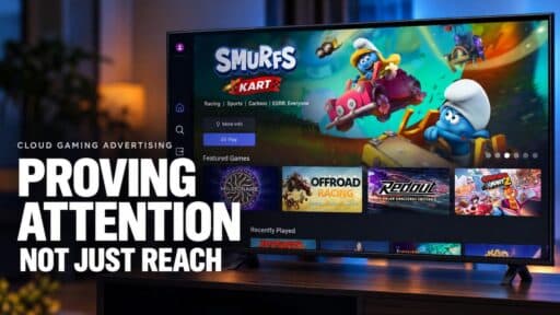 Cloud gaming interface on a Smart TV with Proving Attention Not Just Reach text.