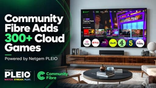 Community Fibre cloud gaming feature graphic with Netgem PLEIO branding, a television streaming interface, and text highlighting 300+ cloud games
