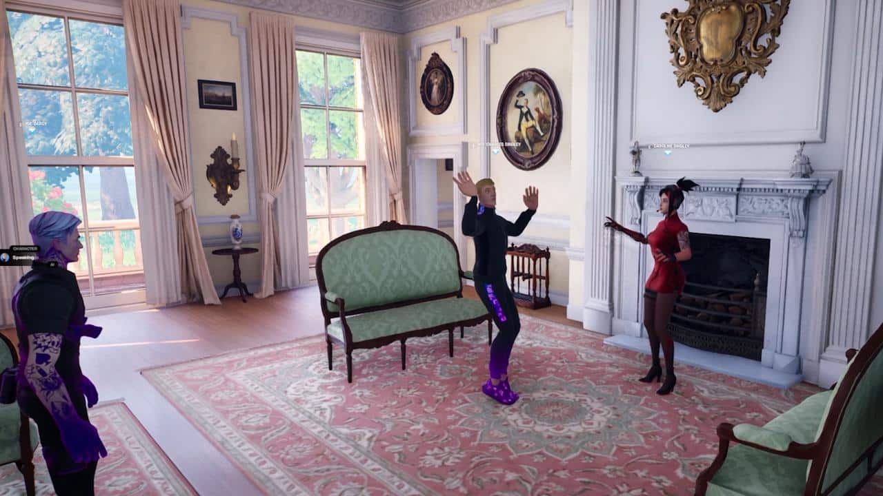 Three Fortnite characters inside a period-style sitting room with tall windows, green sofas, and an ornate fireplace.