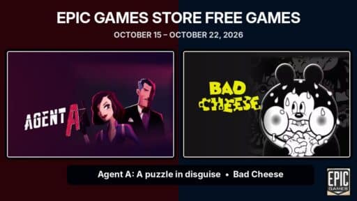 Epic Games Store free games featuring Agent A: A puzzle in disguise and Bad Cheese artwork side by side for October 15–22, 2026.