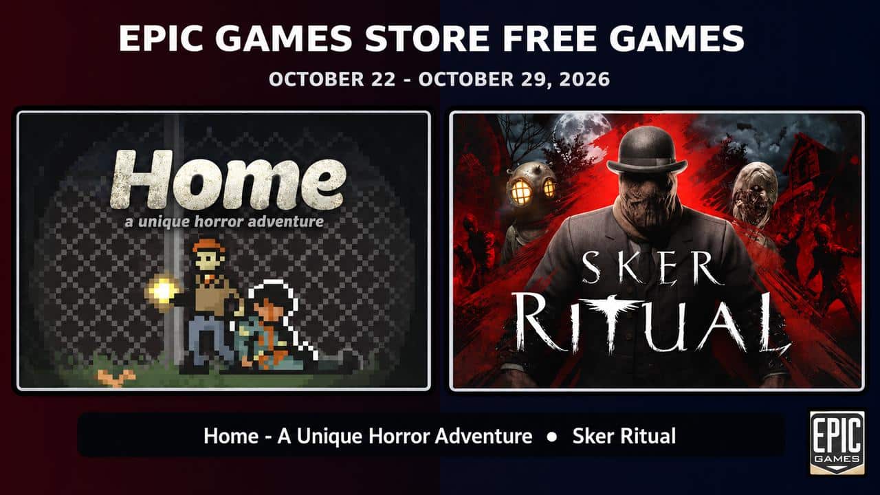 Epic Games Store free games featuring Home - A Unique Horror Adventure pixel art and Sker Ritual horror artwork for October 22–29, 2026.