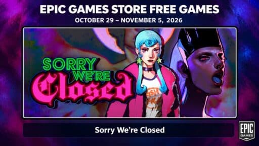 Epic Games Store free games feature image showing Sorry We're Closed artwork and the October 29 – November 5, 2026 giveaway dates.
