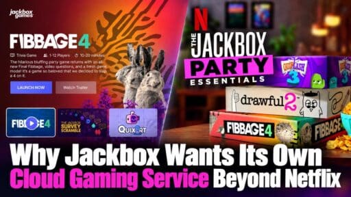 Jackbox feature image showing The Jackbox Party Essentials on Netflix beside Jackbox’s own cloud gaming service interface.