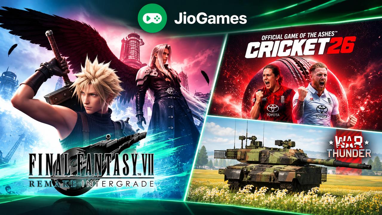 JioGames feature image showing Final Fantasy VII Remake Intergrade, Cricket 26 and War Thunder artwork with the official JioGames logo.