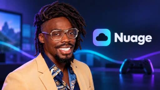 Illustrated portrait of Nuage founder Jordy Kieto alongside the Nuage cloud gaming logo.