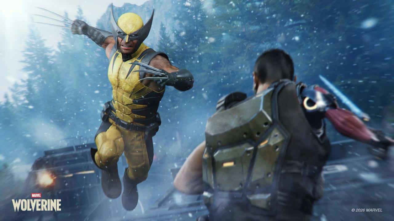 Wolverine lunging towards an armed enemy on top of a truck.