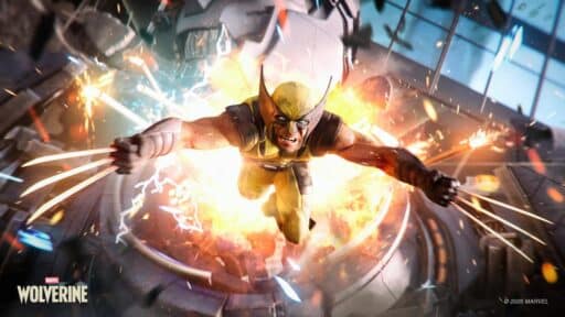 Wolverine lunging forward with his adamantium claws extended as an explosion erupts behind him in Marvel's Wolverine.