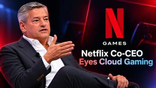 Netflix co-CEO speaking beside Netflix Games branding for Cloud Dosage coverage of Netflix's cloud gaming plans.