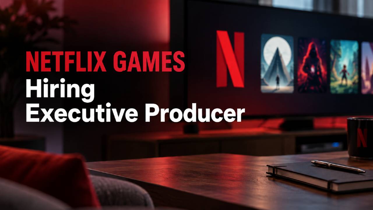 Netflix Games Executive Producer hiring graphic with Netflix branding displayed on a television.