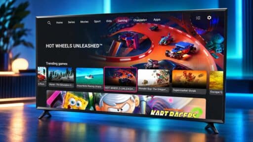 Television displaying a PLEIO cloud gaming interface featuring Hot Wheels Unleashed, against a blue-lit studio background.