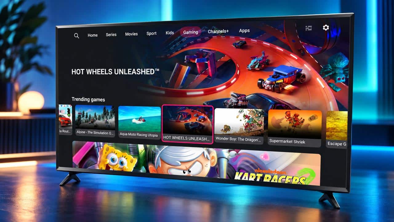 Television displaying a PLEIO cloud gaming interface featuring Hot Wheels Unleashed, against a blue-lit studio background.