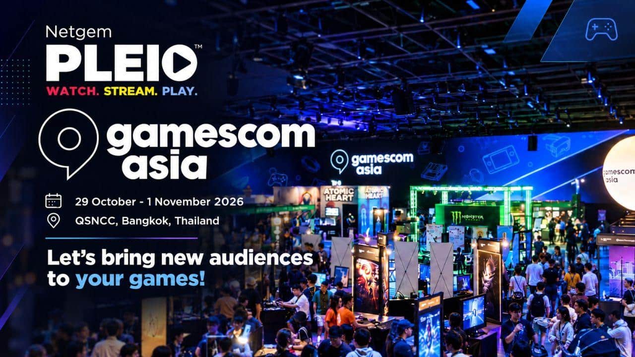 Netgem PLEIO and Gamescom Asia logos over a gaming exhibition hall, promoting the October 29 to November 1, 2026 event in Bangkok.