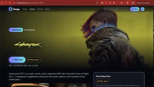 Screenshot of Nuage cloud gaming showing the Cyberpunk 2077 game page with Instant Play, Play Now and Plays Great indicators.