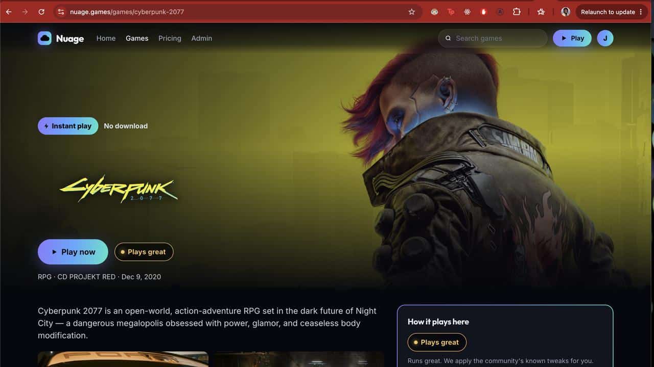 Screenshot of Nuage cloud gaming showing the Cyberpunk 2077 game page with Instant Play, Play Now and Plays Great indicators.
