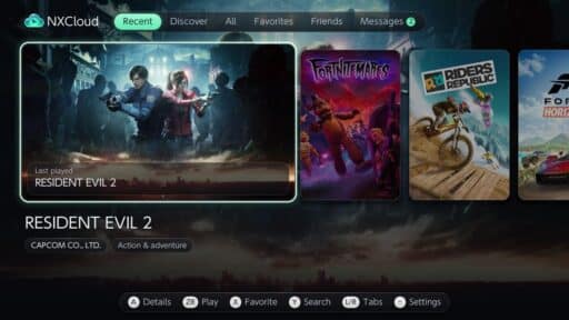 NXCloud XBOX Cloud Gaming launcher showing Resident Evil 2 selected on the Recent screen, with Friends and Messages tabs.