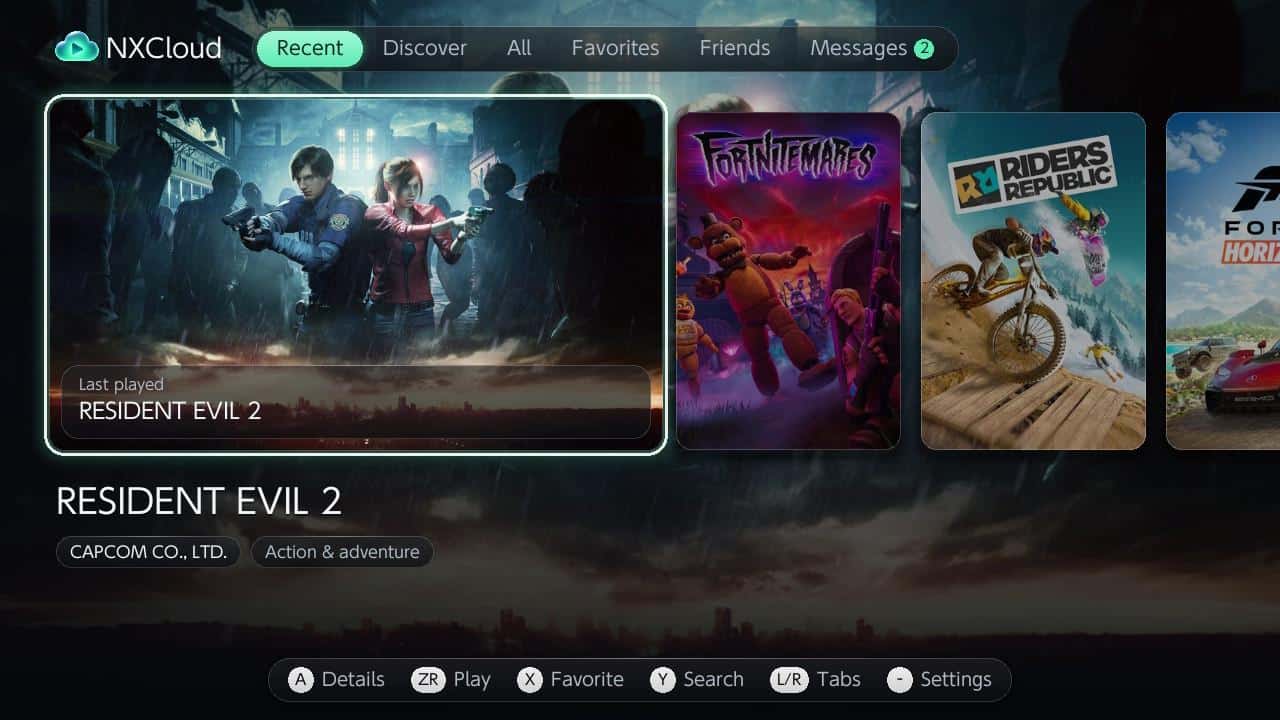 NXCloud XBOX Cloud Gaming launcher showing Resident Evil 2 selected on the Recent screen, with Friends and Messages tabs.